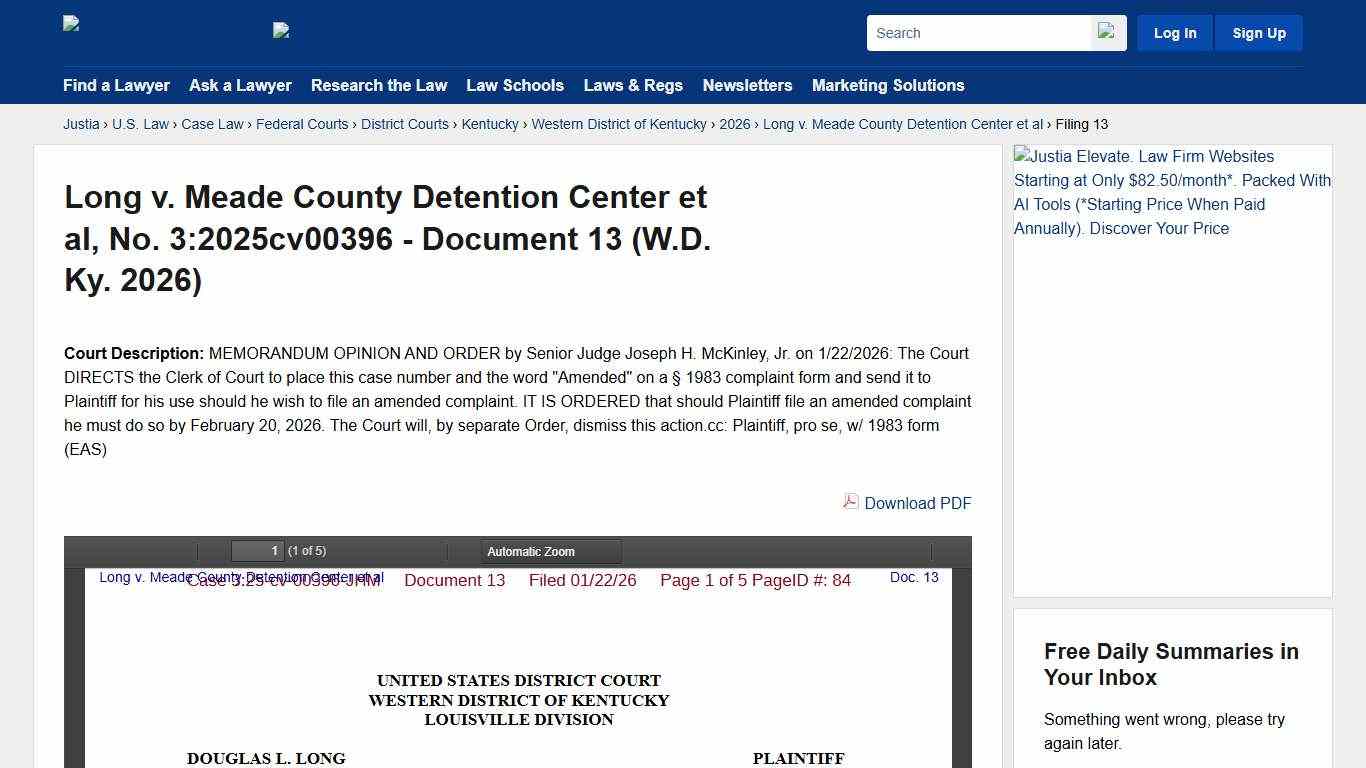 Long v. Meade County Detention Center et al, No. 3:2025cv00396 - Document 13 (W.D. Ky. 2026) :: Justia