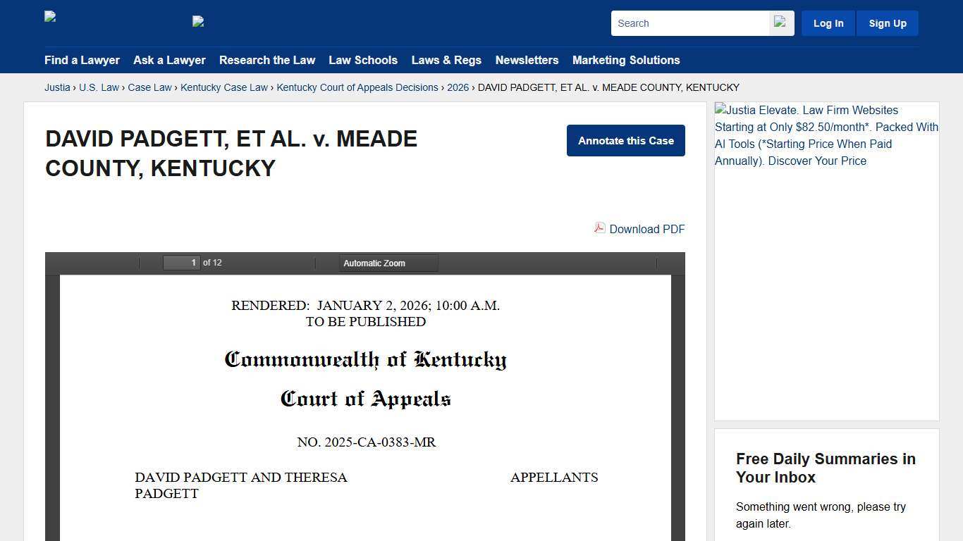 DAVID PADGETT, ET AL. v. MEADE COUNTY, KENTUCKY :: 2026 :: Kentucky Court of Appeals Decisions :: Kentucky Case Law :: Kentucky Law :: U.S. Law :: Justia